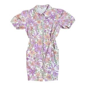 Skies Are Blue Floral Zip-Front Puff Sleeve Mini Dress Purple White Medium